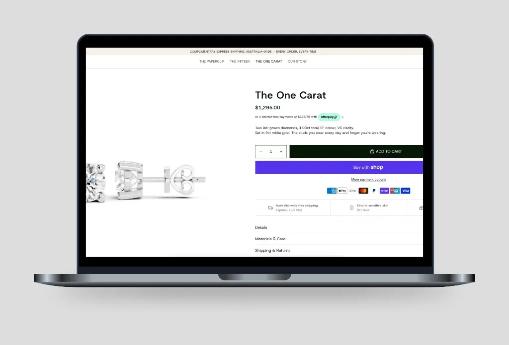 Product page for The One Carat — materials, shipping and add to cart on the same screen